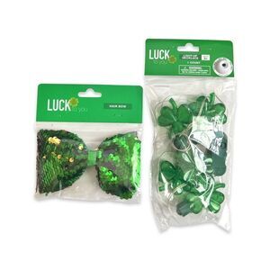 St. Patrick's Day Sequin Bow Tie Hair Bow and Light Up Clover Necklace Bundle